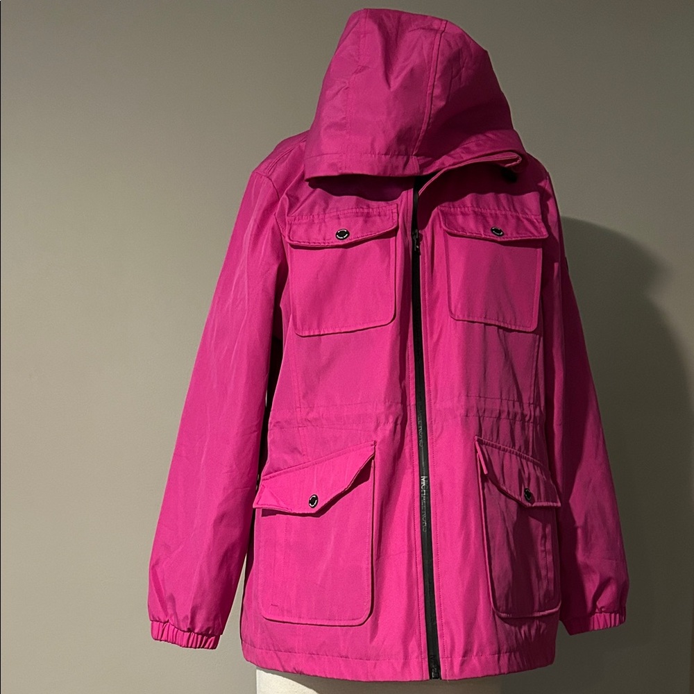 Michael Kors Fuchsia Hooded Raincoat size XL velvet lining in hood and jacket